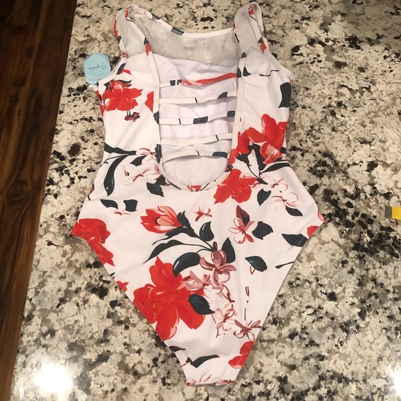 Cupshe Floral Ladder Back Swim Suit S White Red - Picture 5 of 13